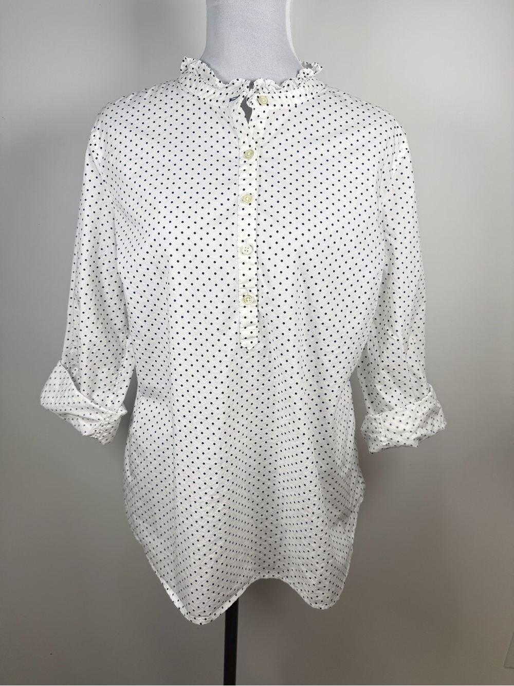 Talbots LP White Navy Polka Dot Cotton Blouse Ruffle Neck Roll Tab Sleeve Preppy